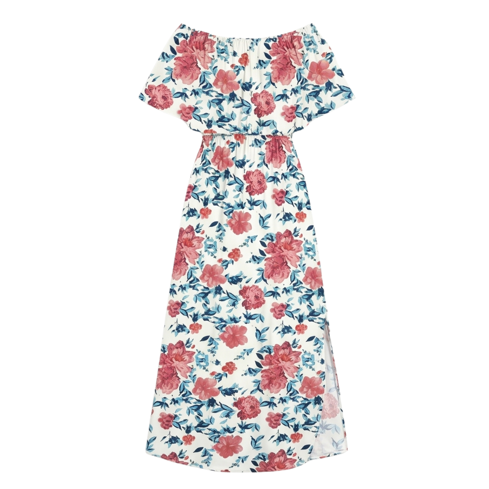 Vestido largo con hombros descubiertos y bolsillos - Estampado floral para mujer