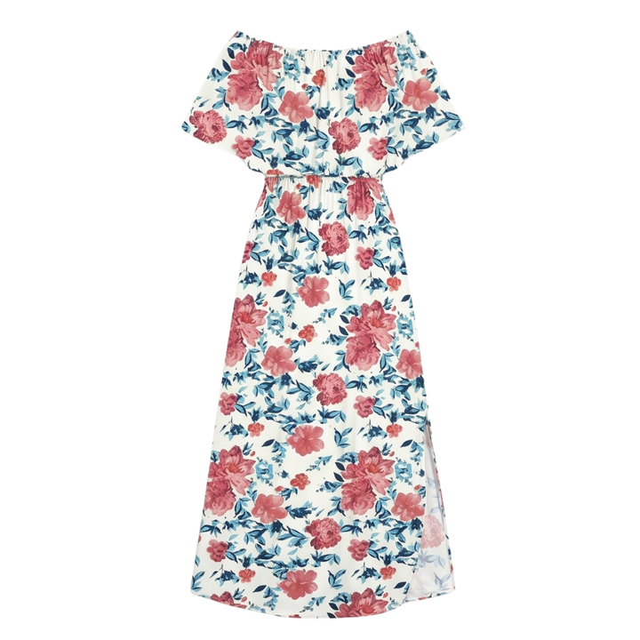 Vestido largo con hombros descubiertos y bolsillos - Estampado floral para mujer