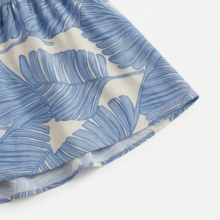 Vestido largo sin tirantes - Cuerpo fruncido con estampado de palmeras y dobladillo sirena