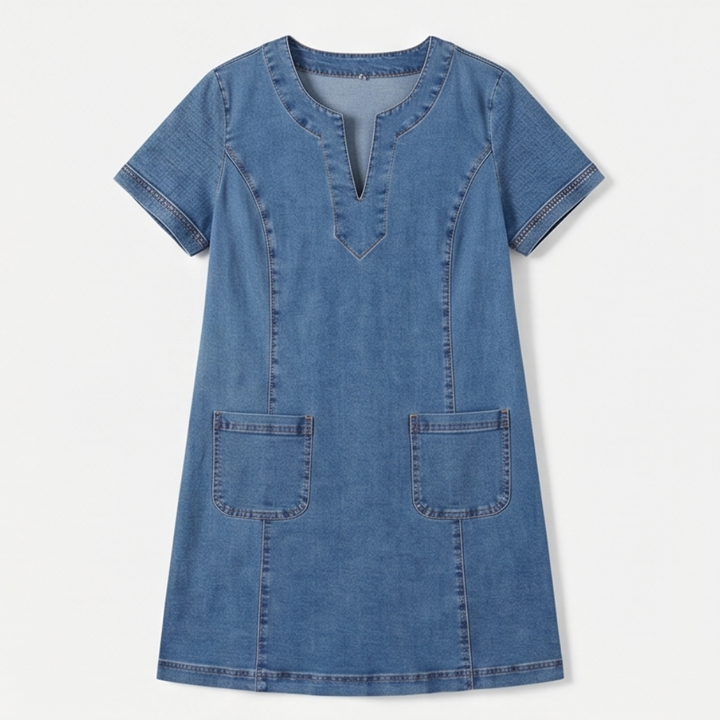 Aurelene™ – V-Neck Denim Dress with Pockets