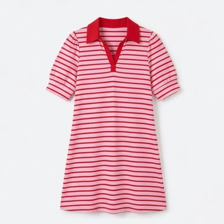 Vestido polo a rayas para mujer - Algodón línea A con cuello en V casual