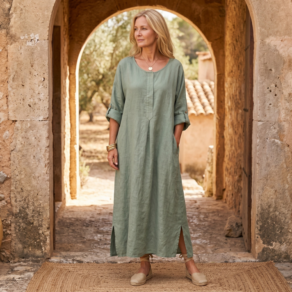 Linen Maxi Dress with Pockets for Women - Long Sleeve