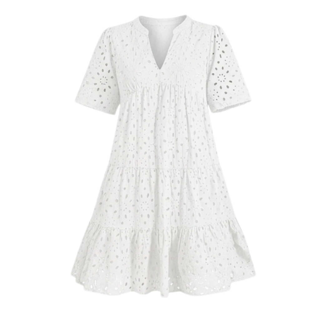 Vestido de algodón con ojales, escote en V, silueta babydoll con volantes