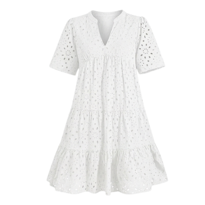 Vestido de algodón con ojales, escote en V, silueta babydoll con volantes