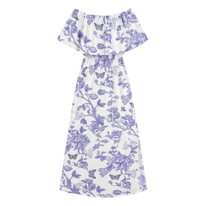 Vestido largo con hombros descubiertos y bolsillos - Estampado floral para mujer