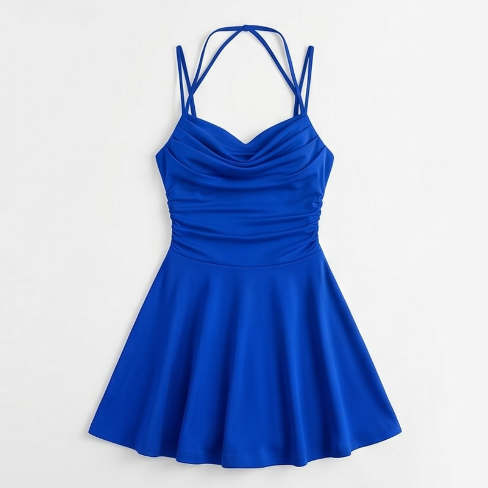 Cowl Neck Mini Dress - Ruched Satin Wedding Guest Dress