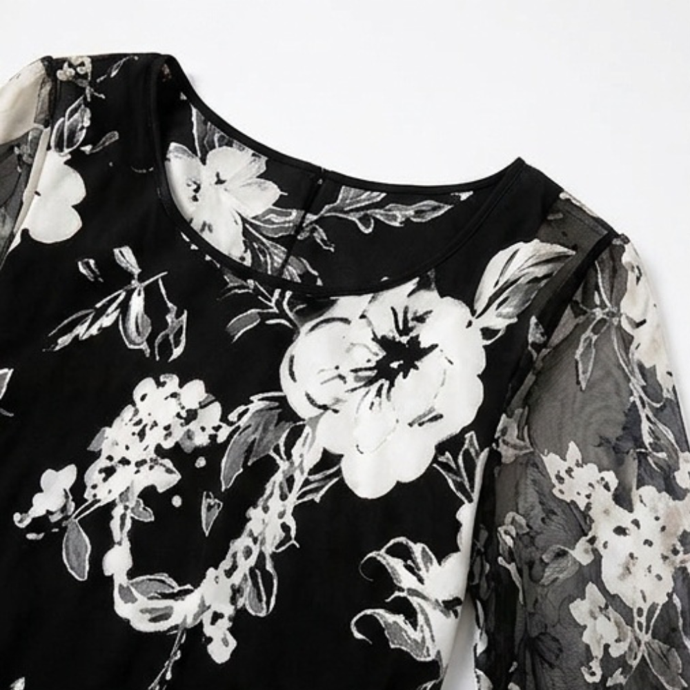 Floral Chiffon Dress with Sheer Overlay and Flutter Sleeves