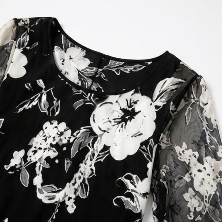 Floral Chiffon Dress with Sheer Overlay and Flutter Sleeves