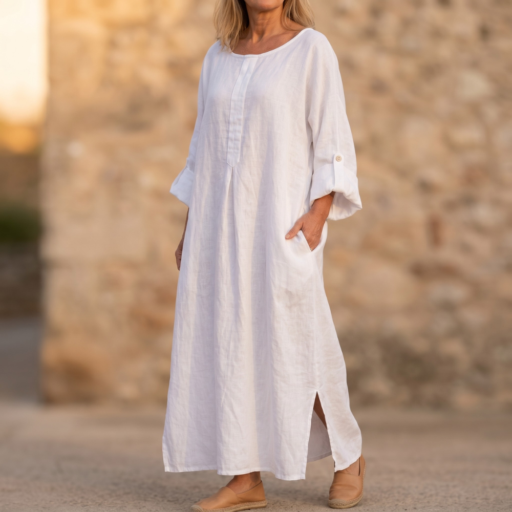 Linen Maxi Dress with Pockets for Women - Long Sleeve