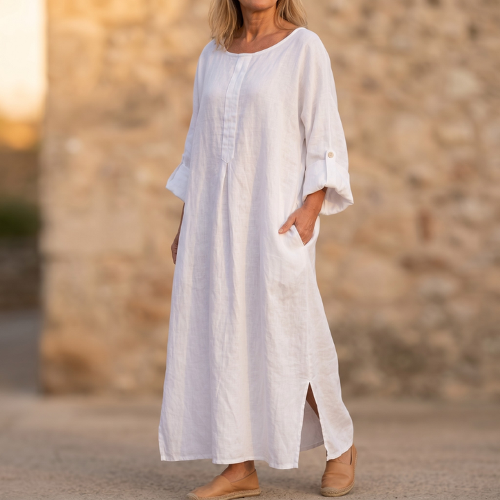 Linen Maxi Dress with Pockets for Women - Long Sleeve