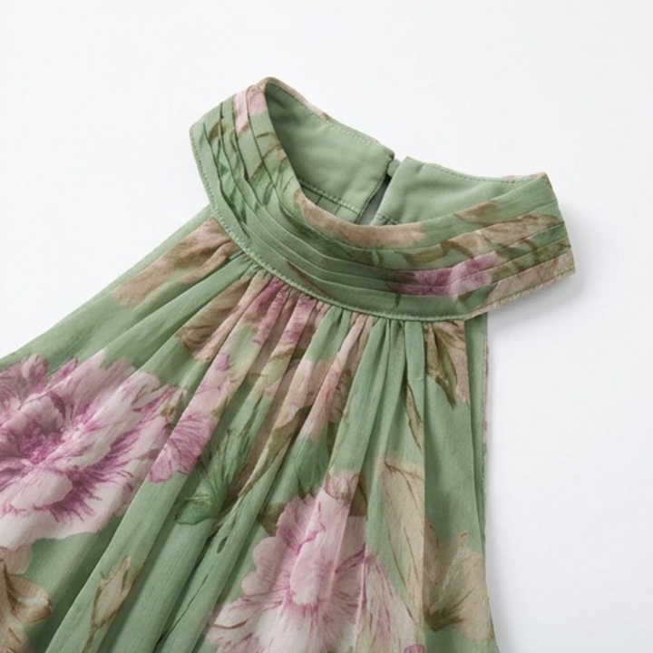 Floral Maxi Dress with Halter Neckline - Sage Green Chiffon