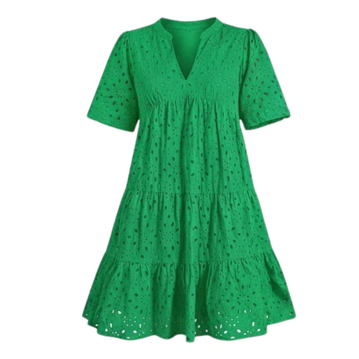Vestido de algodón con ojales, escote en V, silueta babydoll con volantes