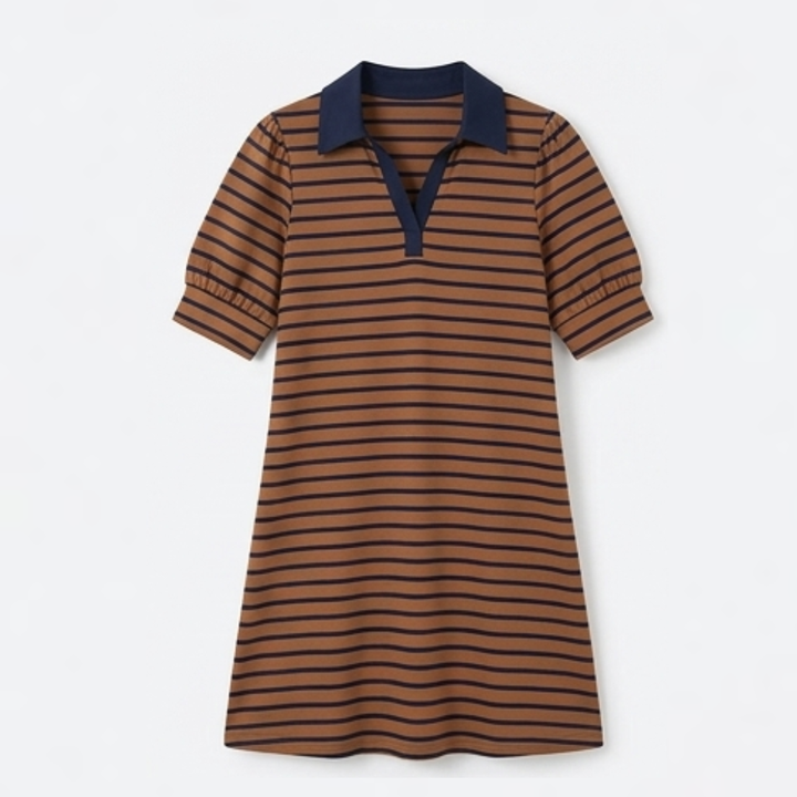 Vestido polo a rayas para mujer - Algodón línea A con cuello en V casual