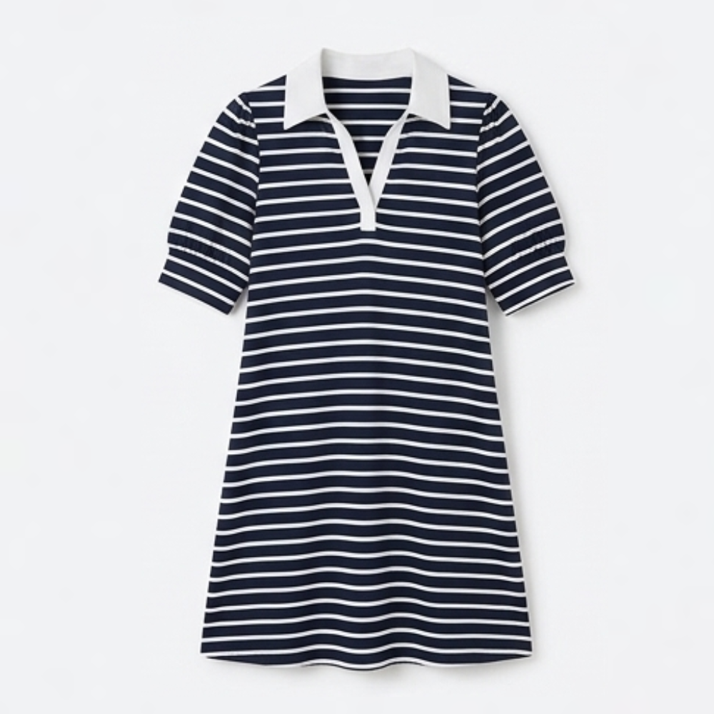Vestido polo a rayas para mujer - Algodón línea A con cuello en V casual