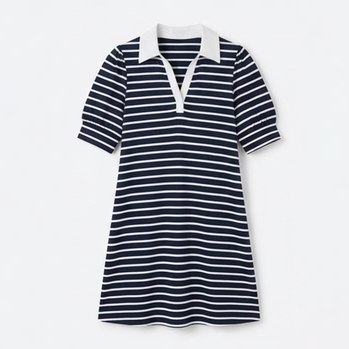 Vestido polo a rayas para mujer - Algodón línea A con cuello en V casual