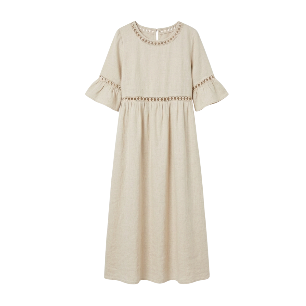 Midi Dress for Women Cotton Linen with Lace Detail
