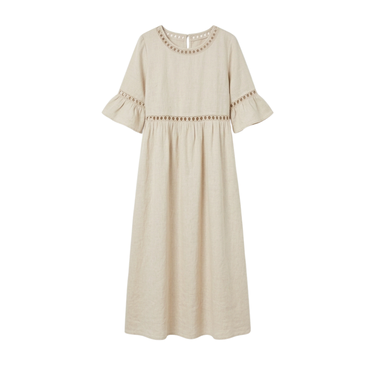Midi Dress for Women Cotton Linen with Lace Detail