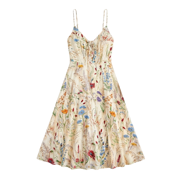 Vestido midi floral - Vestido de verano línea A con estampado de flores silvestres
