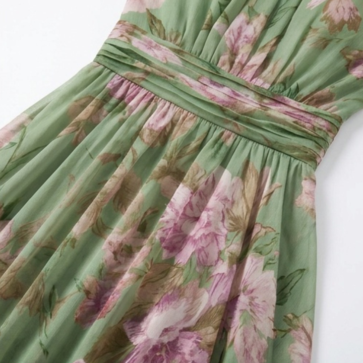 Floral Maxi Dress with Halter Neckline - Sage Green Chiffon