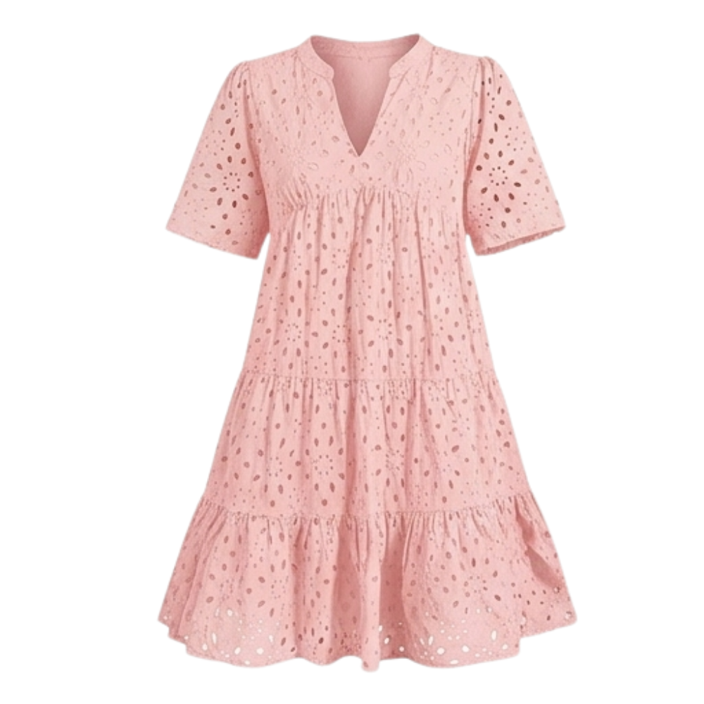Vestido de algodón con ojales, escote en V, silueta babydoll con volantes