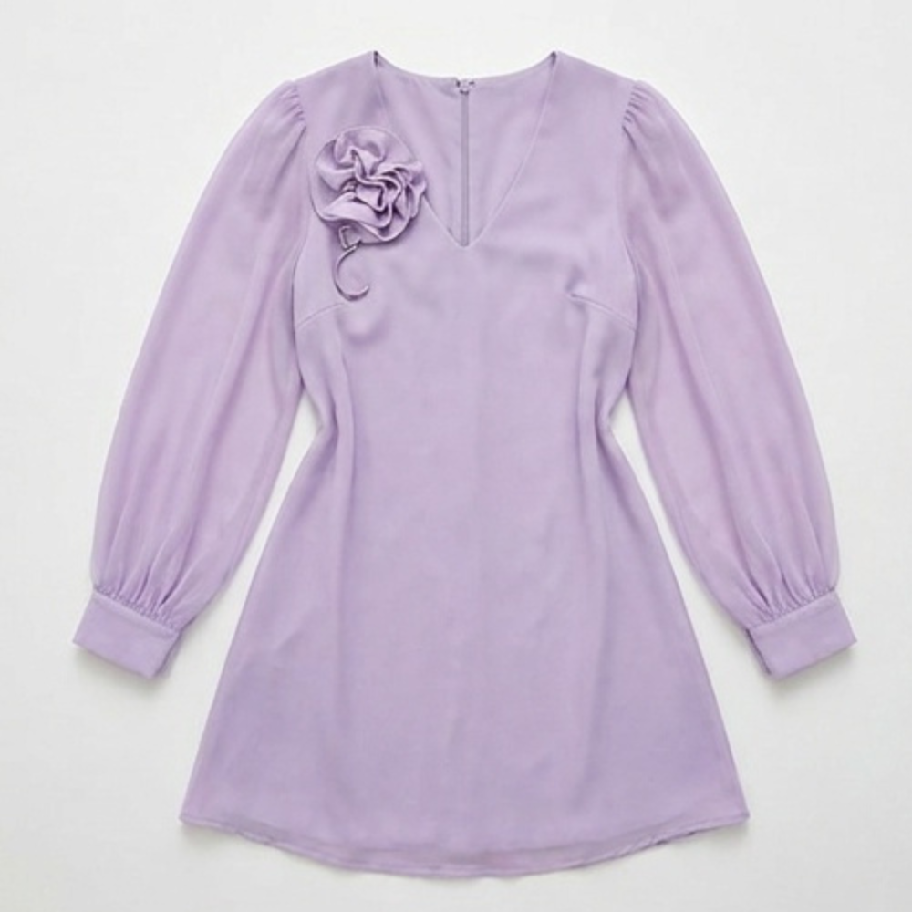 Rosette Shoulder Mini Dress with Balloon Sleeves