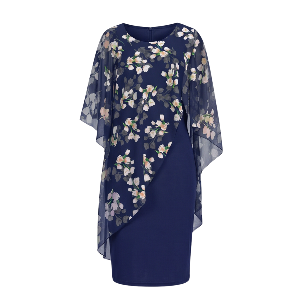 Floral Chiffon Cape Overlay Dress for Wedding Guest