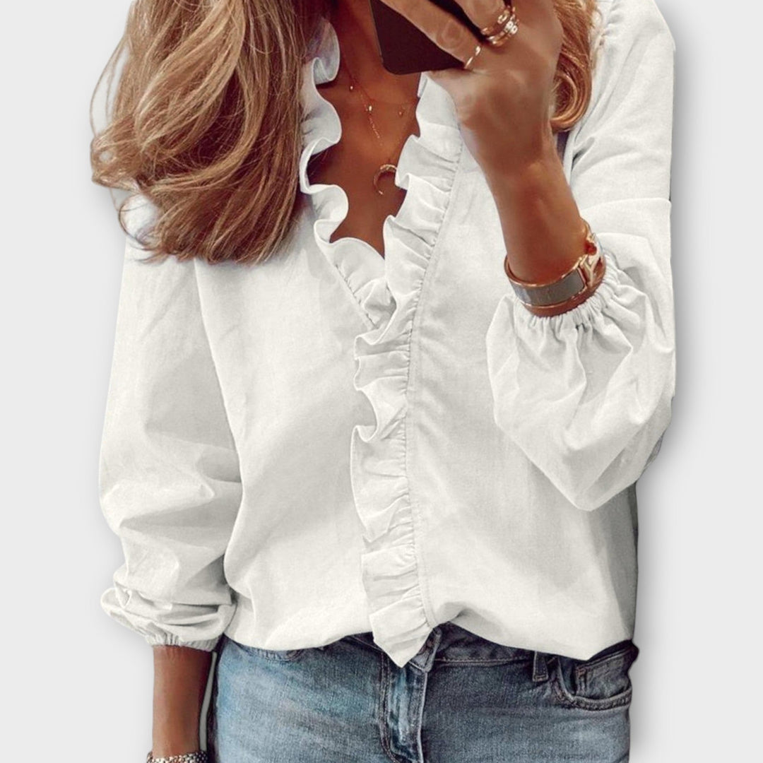 Celeste | Blusa de manga larga para mujer con escote en V y volantes delanteros