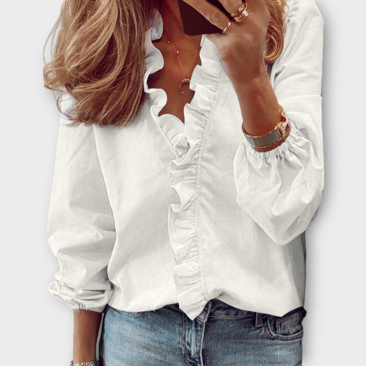 Celeste | Blusa de manga larga para mujer con escote en V y volantes delanteros
