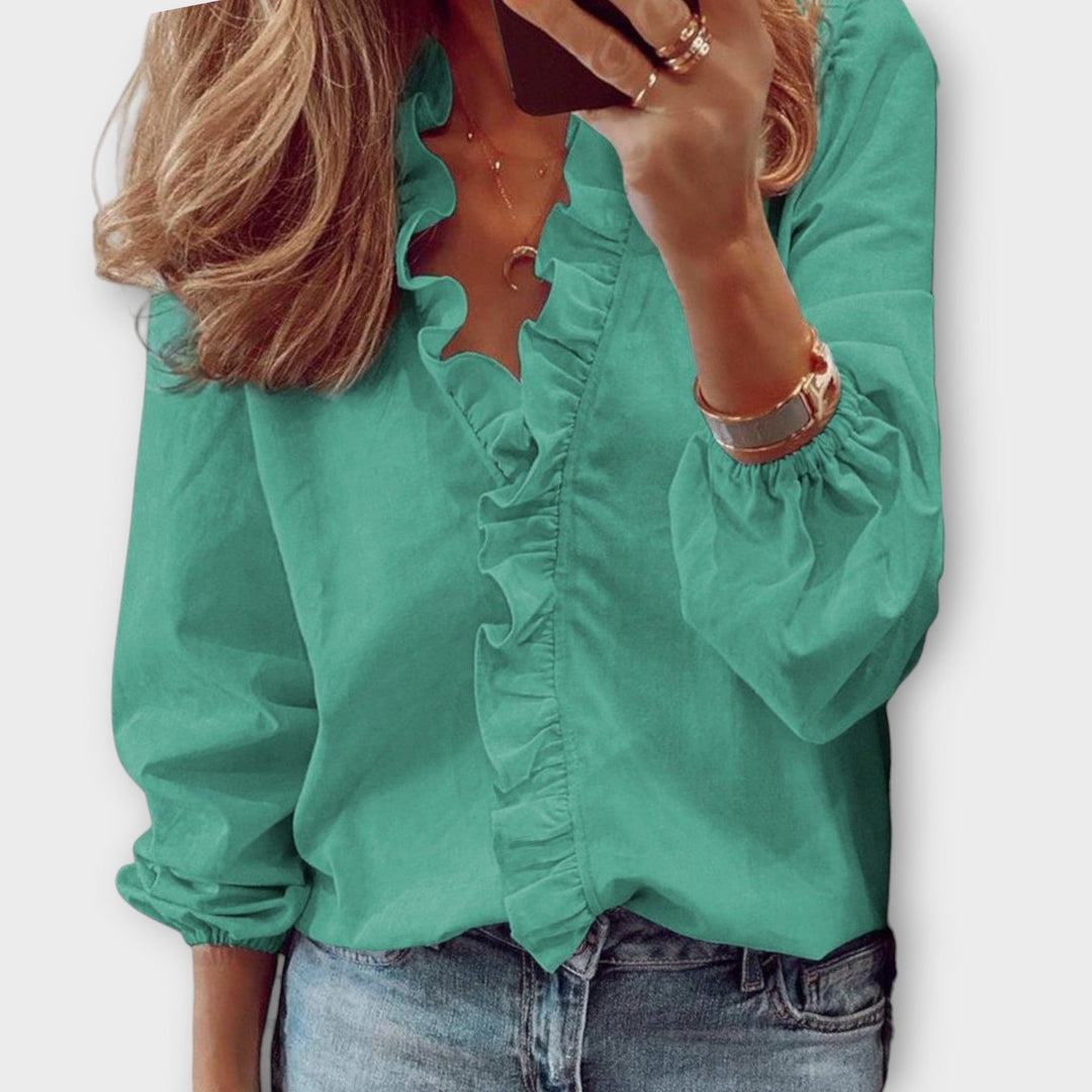 Celeste | Blusa de manga larga para mujer con escote en V y volantes delanteros