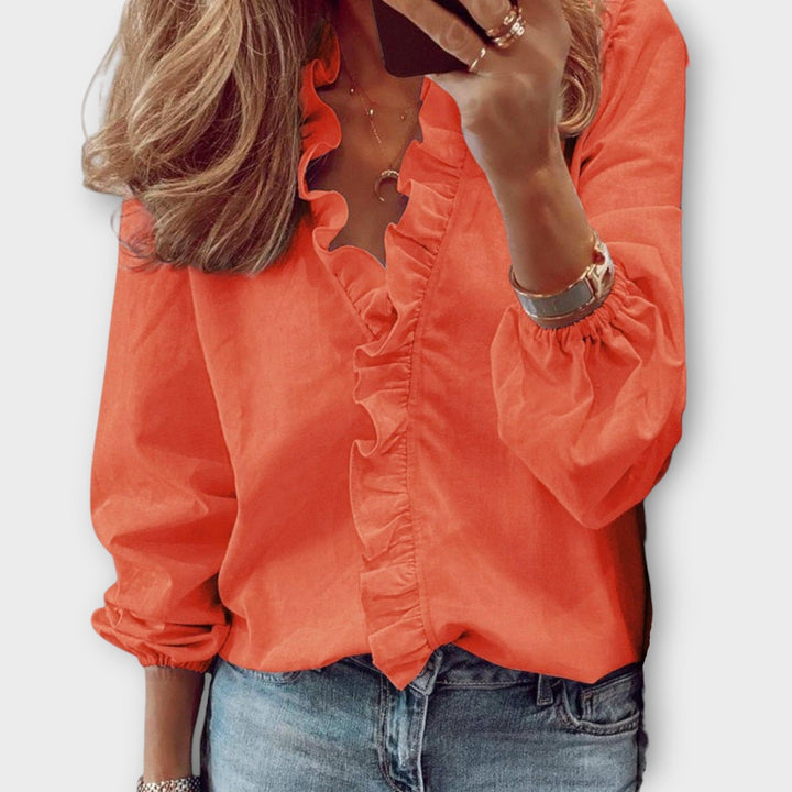 Celeste | Blusa de manga larga para mujer con escote en V y volantes delanteros