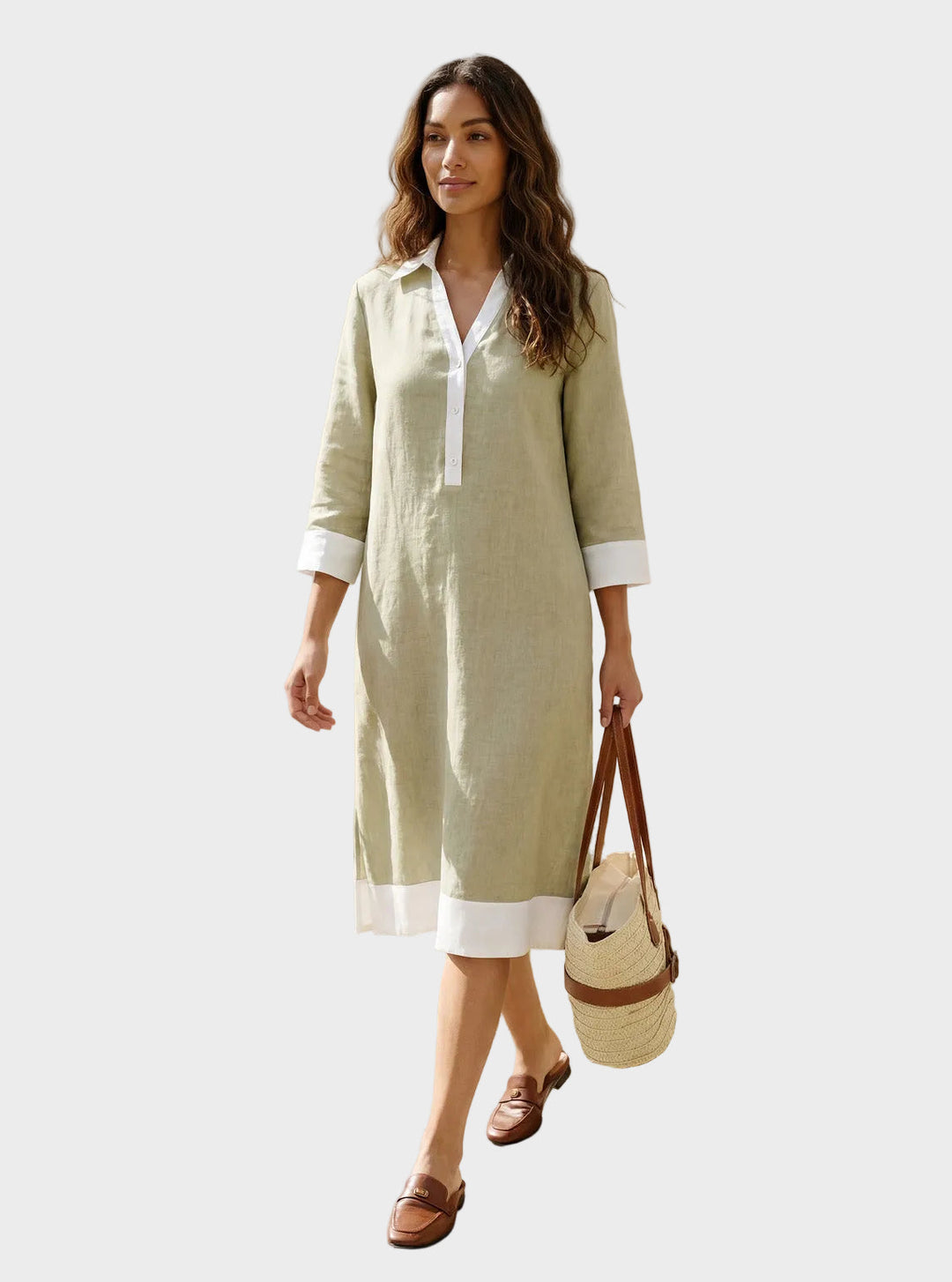 Vinnie | Vestido midi de camisa con solapa en capas, cuello en V y panel de contraste 100% lino PERSEPHONE