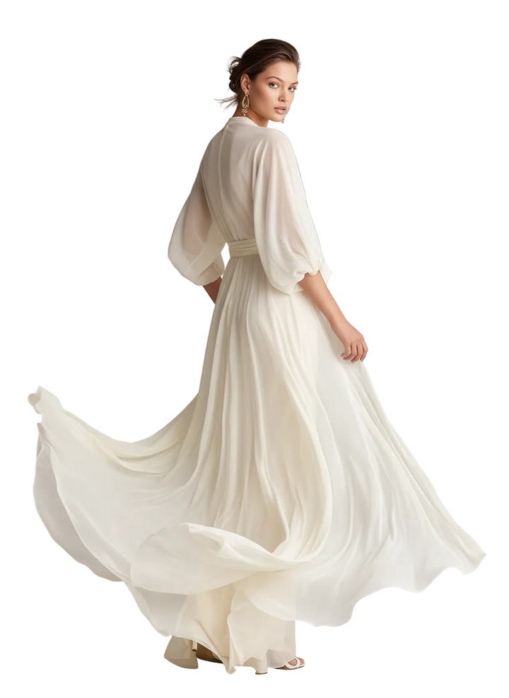 Abito da donna in chiffon avorio trasparente con maniche a sbuffo e dettaglio incrociato, stile romantico-lusso senza tempo