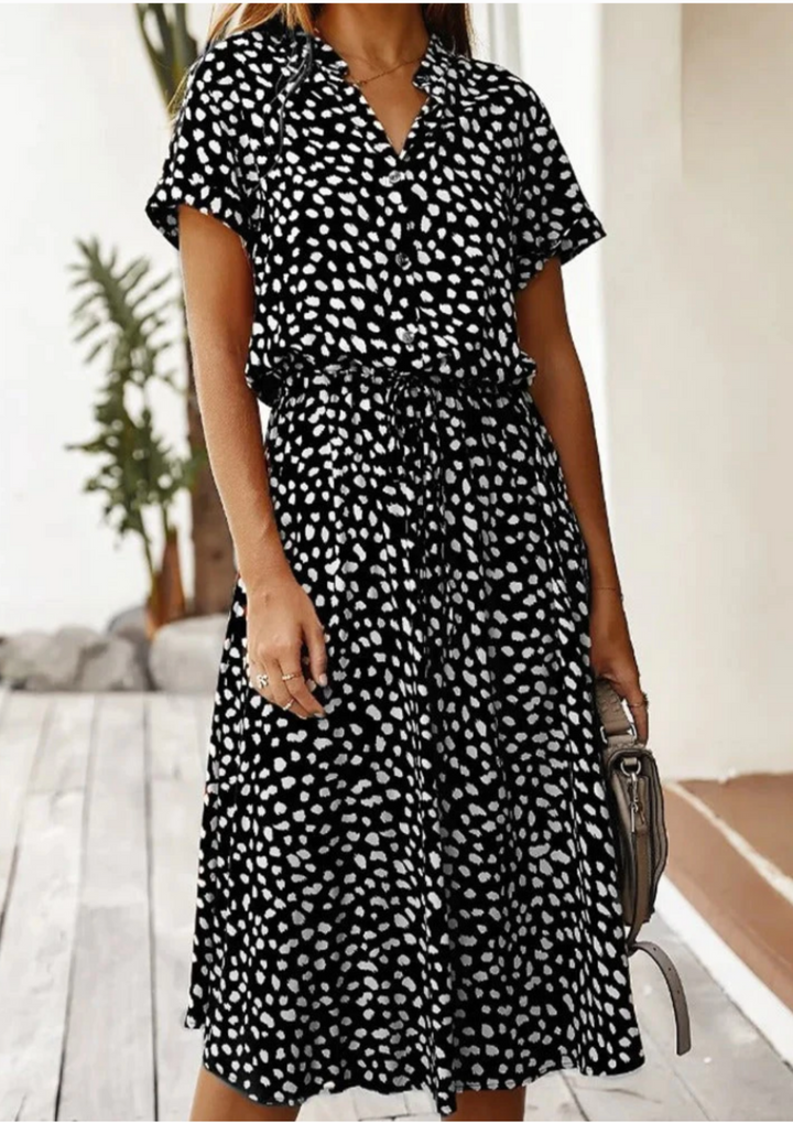 Sienna | Damen Midi-Kleid mit Knopfleiste und gepunktetem Muster