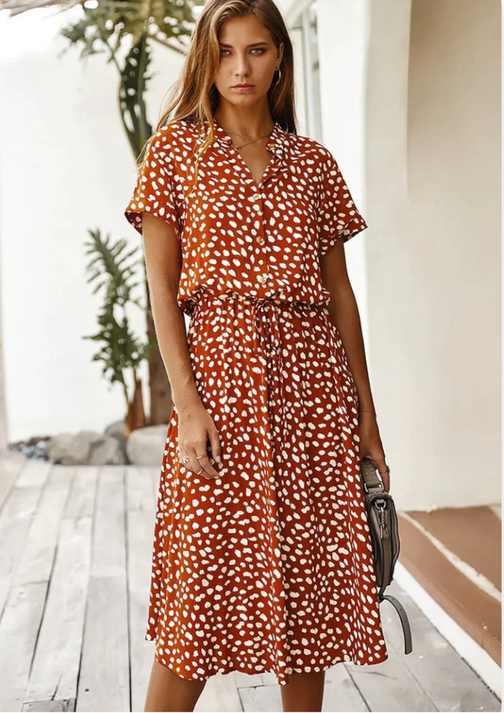 Sienna | Damen Midi-Kleid mit Knopfleiste und gepunktetem Muster