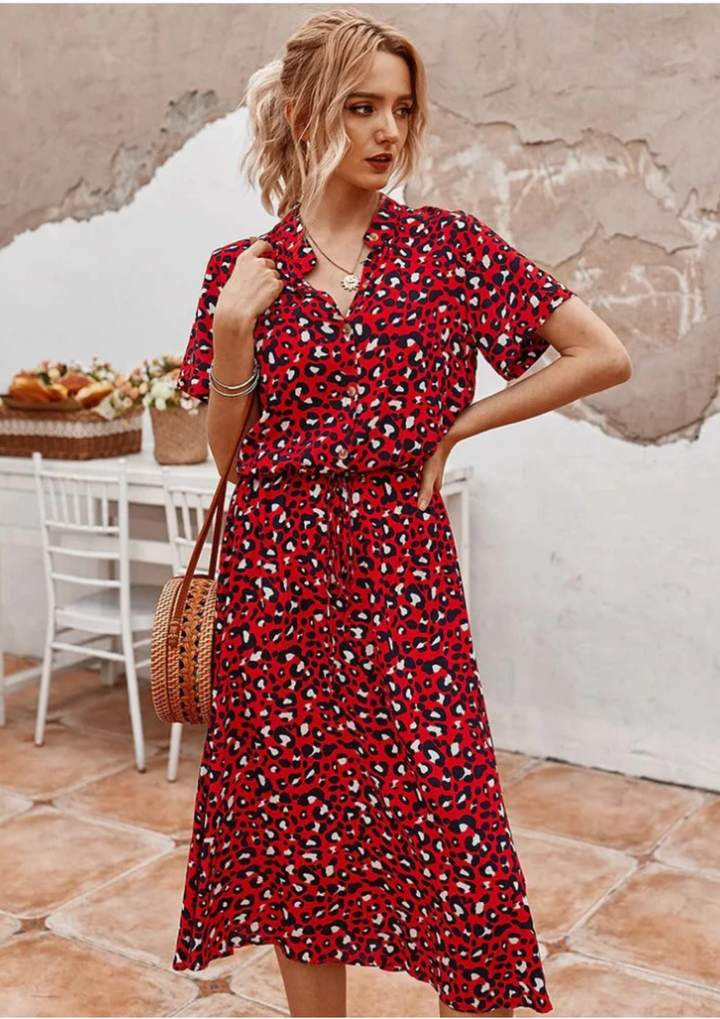 Sienna | Damen Midi-Kleid mit Knopfleiste und gepunktetem Muster