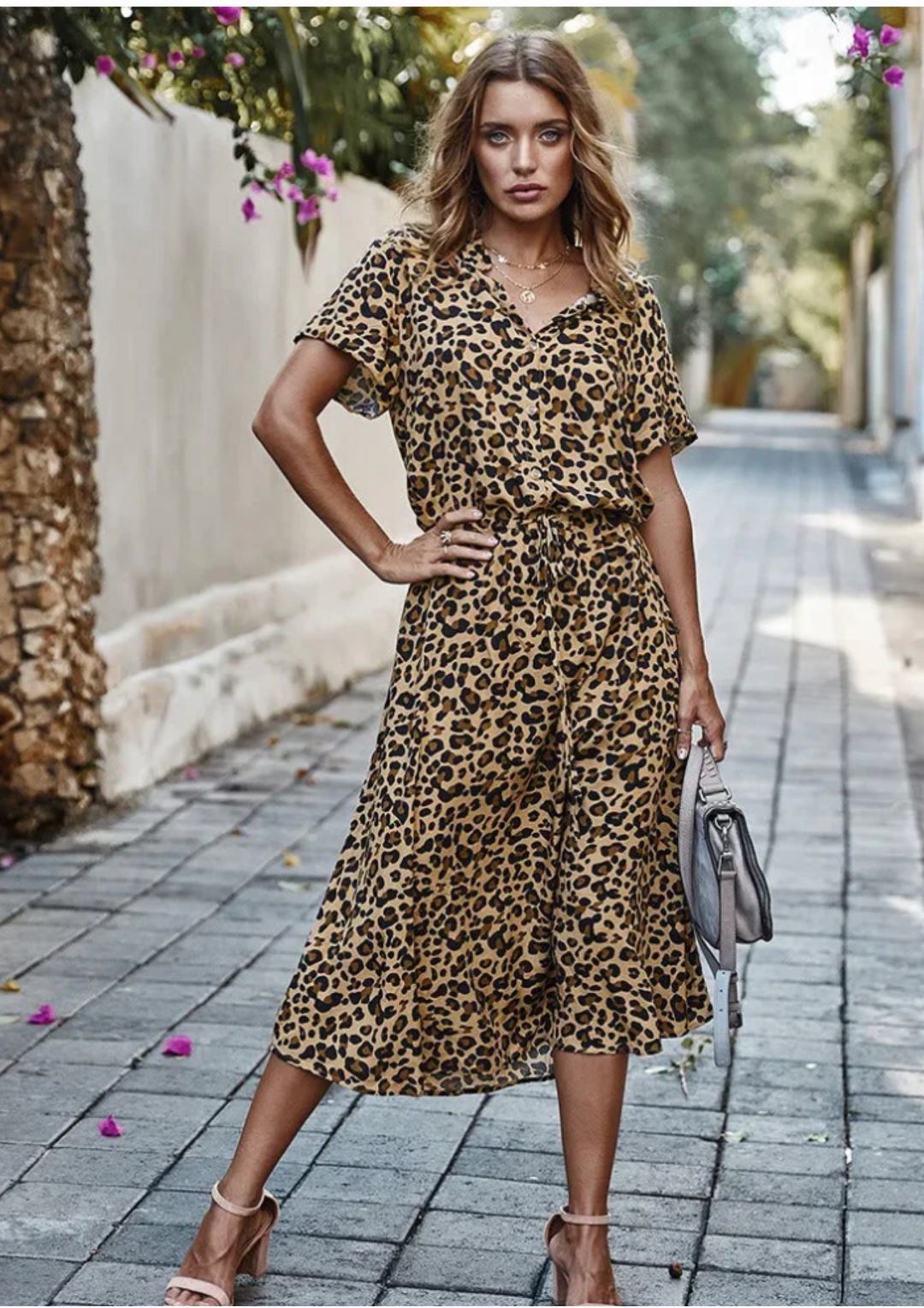 Sienna | Damen Midi-Kleid mit Knopfleiste und gepunktetem Muster