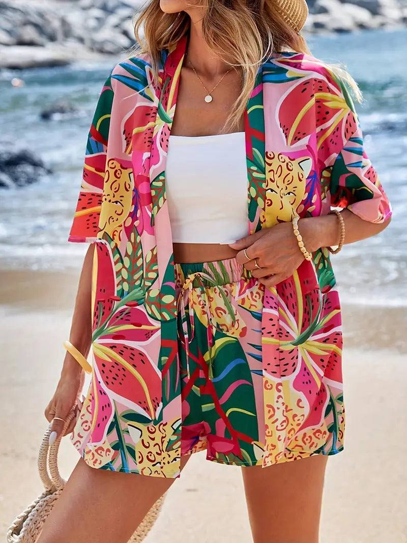 Clea | Conjunto de dos piezas para mujer: cárdigan kimono floral y shorts