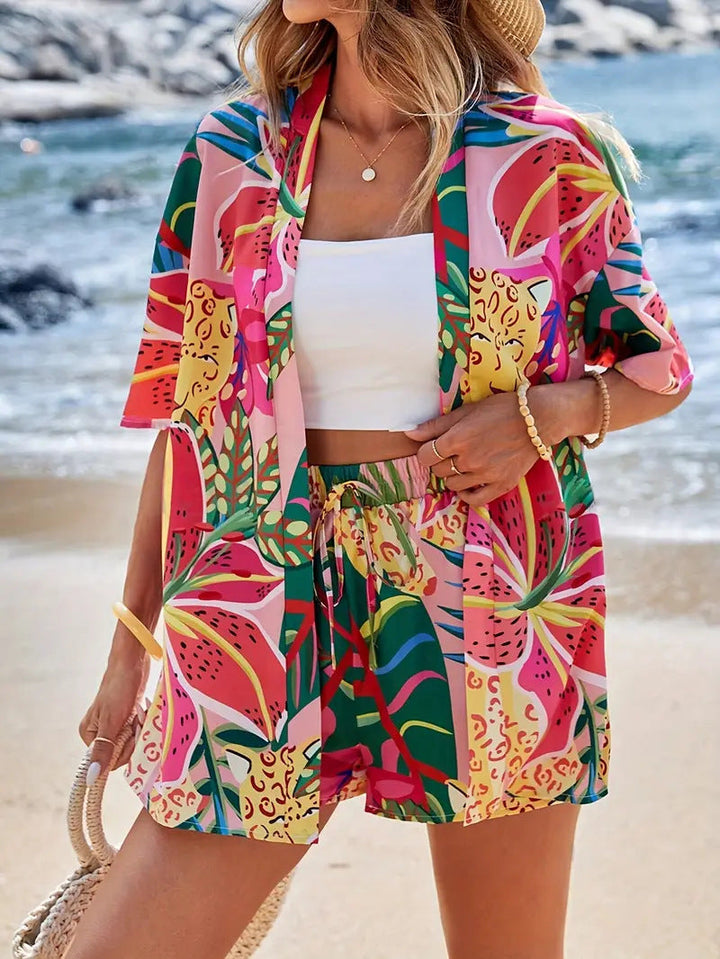 Clea | Conjunto de dos piezas para mujer: cárdigan kimono floral y shorts