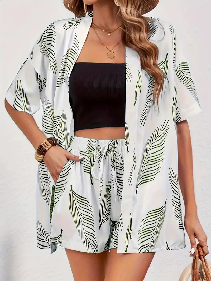 Clea | Conjunto de dos piezas para mujer: cárdigan kimono floral y shorts