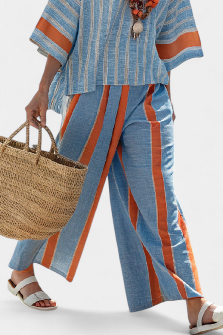 Calista | Conjunto Feminino Listrado de Duas Peças com Calça Pantalona