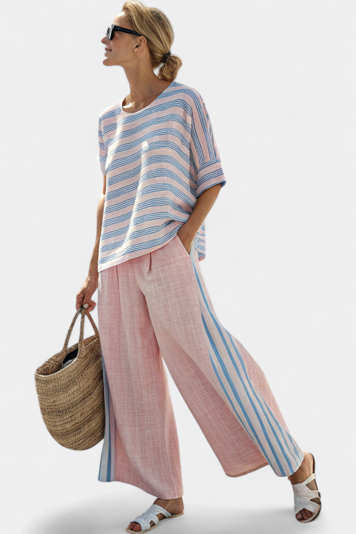Virella | Blusa Elegante de Lino Rosa-Azul & Pantalones Suaves