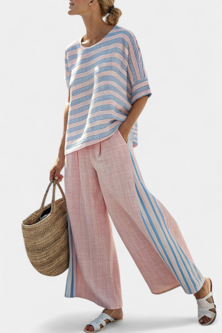 Virella | Blusa Elegante de Lino Rosa-Azul & Pantalones Suaves