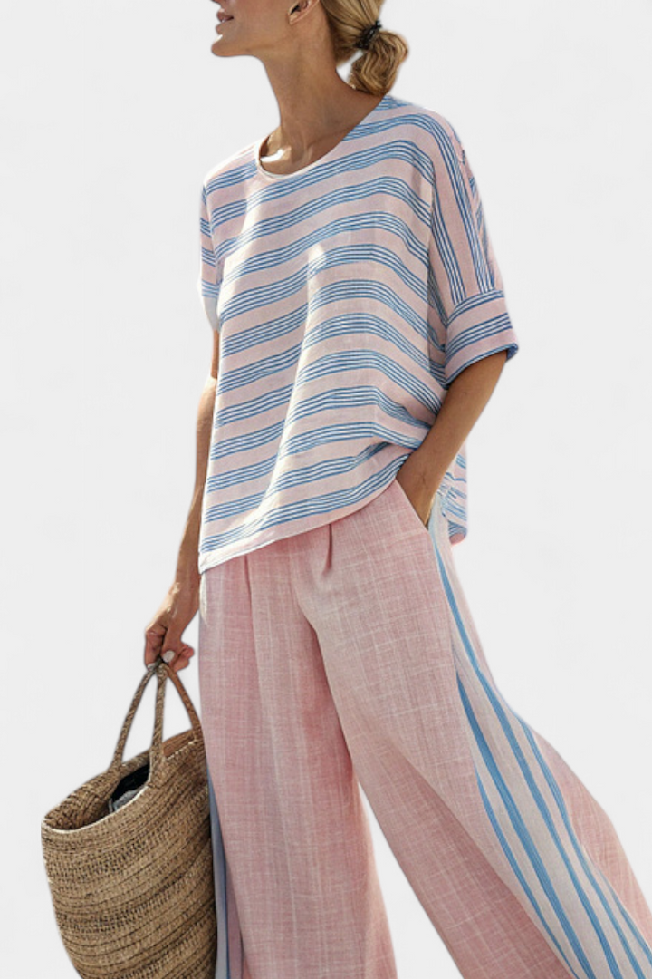 Virella | Blusa Elegante de Lino Rosa-Azul & Pantalones Suaves