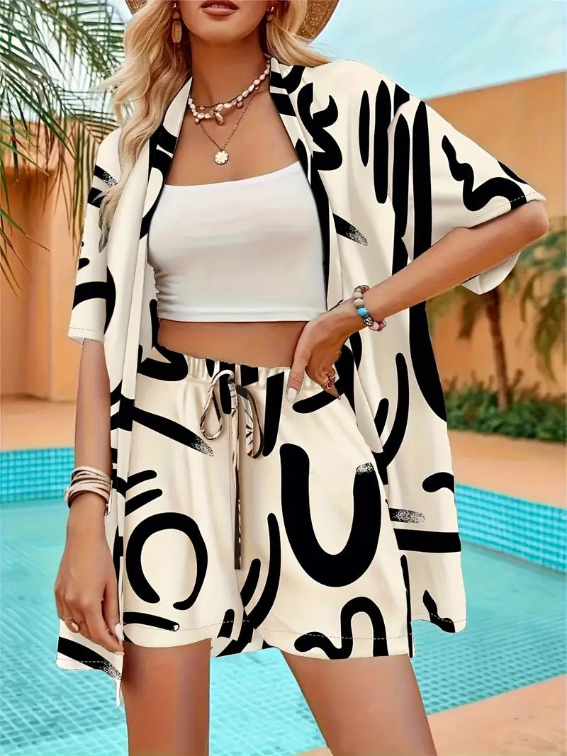 Clea | Conjunto de dos piezas para mujer: cárdigan kimono floral y shorts