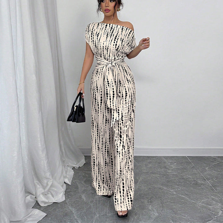 Zara | Macacão Feminino Estampado de Pernas Largas com Um Ombro Só e Cinto