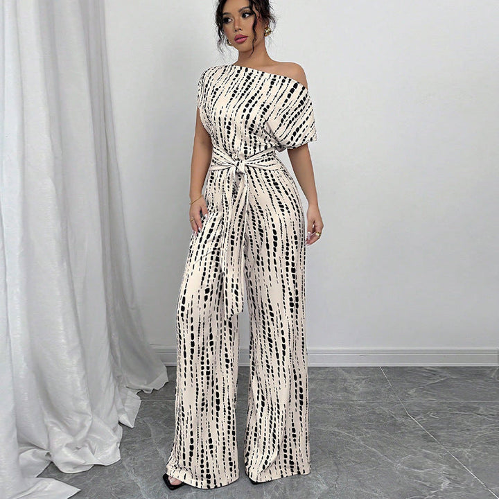 Zara | Macacão Feminino Estampado de Pernas Largas com Um Ombro Só e Cinto