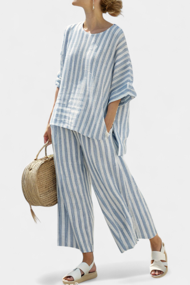 Marina | Conjunto de blusa casual de rayas para mujer y pantalones de pierna ancha