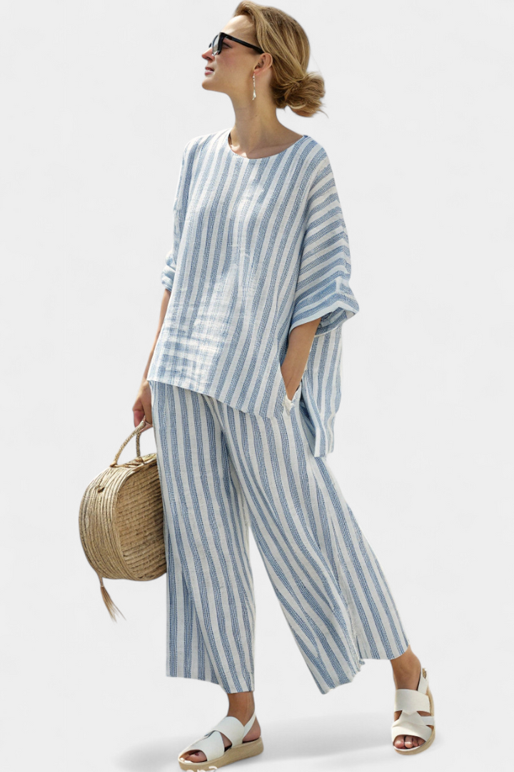 Marina | Conjunto de blusa casual de rayas para mujer y pantalones de pierna ancha