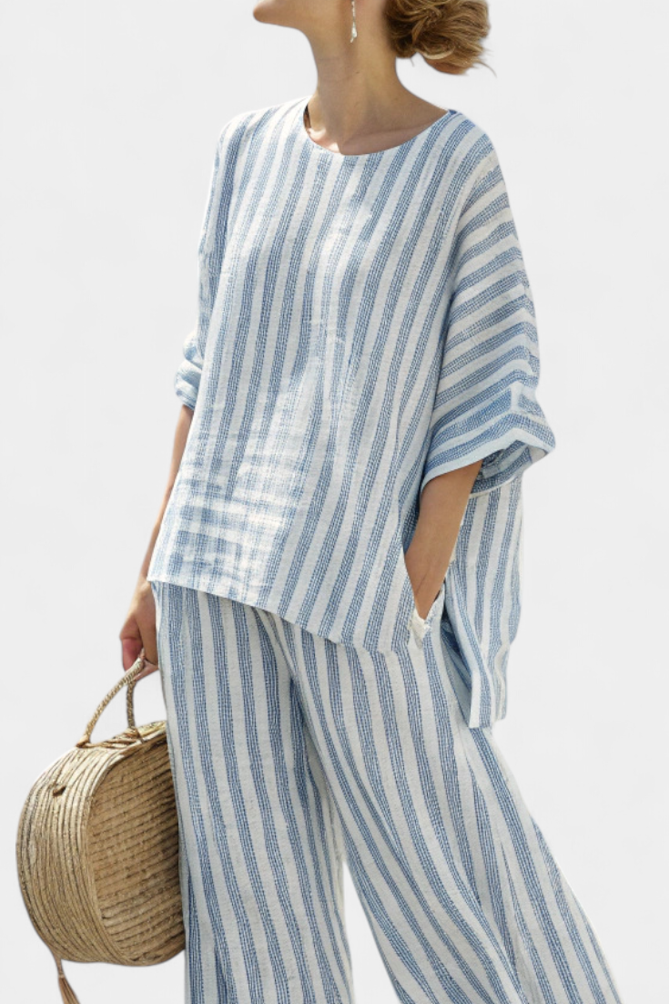 Marina | Conjunto de blusa casual de rayas para mujer y pantalones de pierna ancha