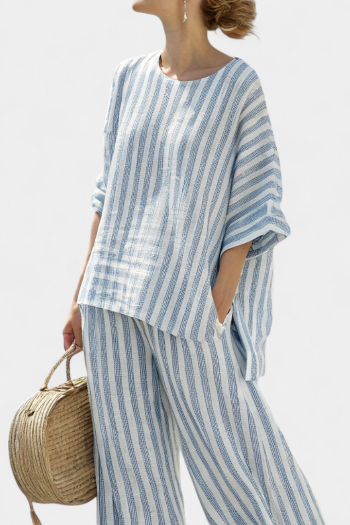 Marina | Conjunto de blusa casual de rayas para mujer y pantalones de pierna ancha